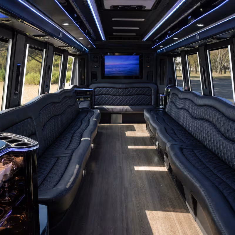 Passenger watching the Jersey City scenery during a regional party bus road trip