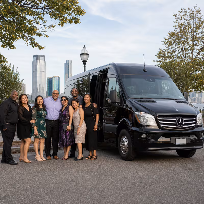 Group beside a Mercedes Sprinter limo from the Jersey City fleet