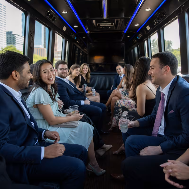 Wedding guests seated inside a Jersey City party bus