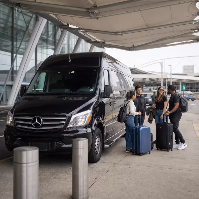 Group boarding a white charter bus for Airport Transportation transportation in Jersey City