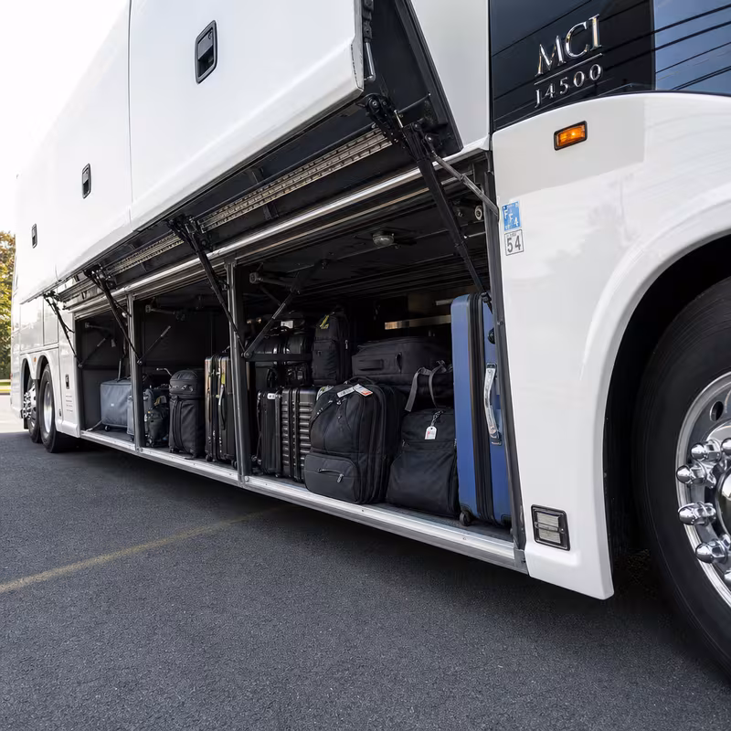 Party bus interior with wraparound leather seating and LED lighting in Jersey City