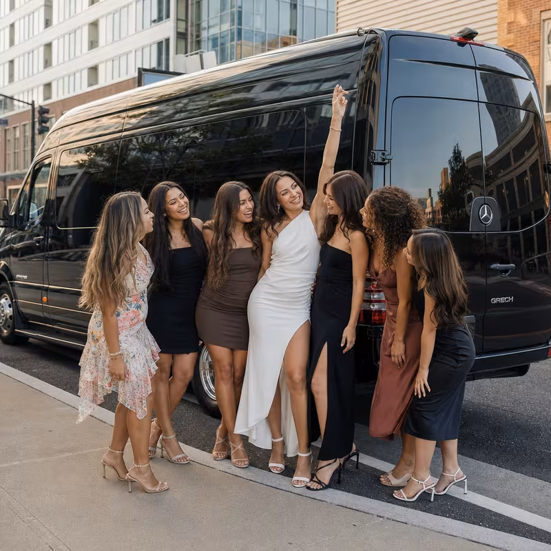 Group boarding a white charter bus for Bachelor & Bachelorette Transportation transportation in Jersey City