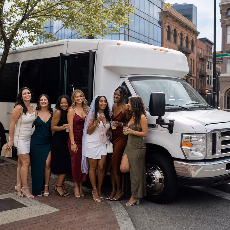 Black Mercedes Sprinter van staged for an Jersey City Bachelor & Bachelorette Transportation group