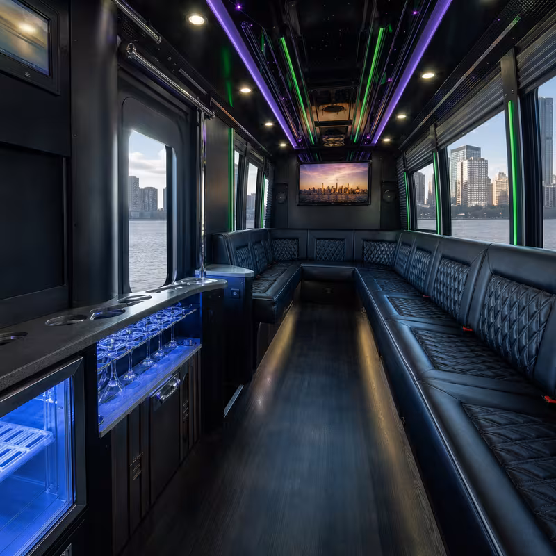Party bus interior with wraparound leather seating and LED lighting in Jersey City
